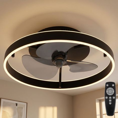 Deckenventilator dimmbar mit Fernbedienung LED Deckenleuchte Wohnzimmerlampe, 3 Geschwindigkeitsstufen, Schwarz, Rauch, DxH 50x 14,5 cm