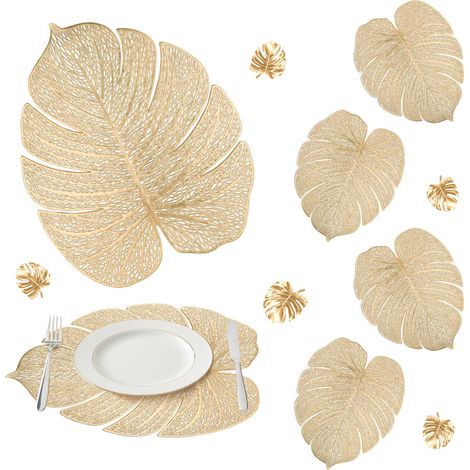Lot de 6 sets de table 31 × 39 cm motif feuille de palmier dorée en PVC ajouré imperméables résistants aux taches d’huile et faciles à nettoyer (1/5)