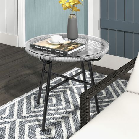 Garten-Beistelltisch aus Metall in Grau mit gehärteter Glasplatte und PE-Rattanrand, rund, Boho-Stil (1/5)