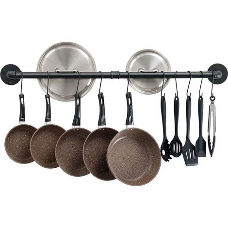Industrial Kitchen Rail, 100cm Wall-Mounted Pot Rack, Stainless Steel Pot Holder with 14 Hooks for Appliances - Black (1/5)