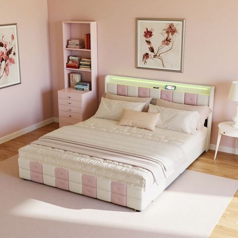 Cama doble 140x190 cm - Acolchada - LED integrada - 4 cajones - Tejido de terciopelo blanco y rosa