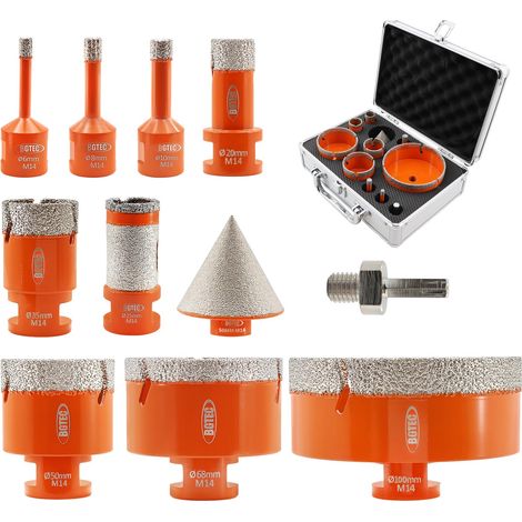 Foret Diamant Kit Trépan Carrelage - 11pièces (6/8/10/20/35/50/68/100mm+25mm Foret de fraisage +50mm Mèches Chanfreint+Adaptateur) avec filetage M14 pour forage porcelaine, céramique, carrelage (1/5)