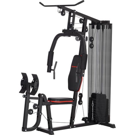 Central eléctrica, estación de fitness multifuncional con dominadas y barra de mariposa, prensa de piernas, aparato de fitness con bloques de peso de 45 kg para el hogar, negro (1/5)
