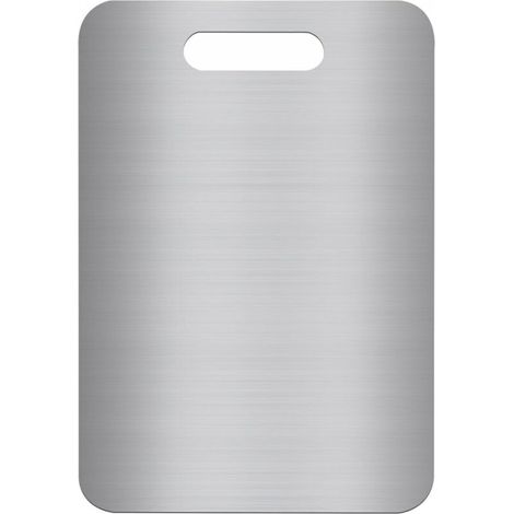 Planche à découper argentée en acier inoxydable, 34 x 23 cm, idéale pour la viande, le pain et les légumes. Durable et hygiénique. (1/5)