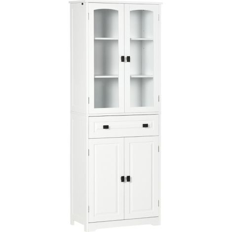 Freestanding Kitchen Storage Cabinet with Adjustable Shelves, Drawer and Glass Door for Living Room and Dining Room, 160cm White
