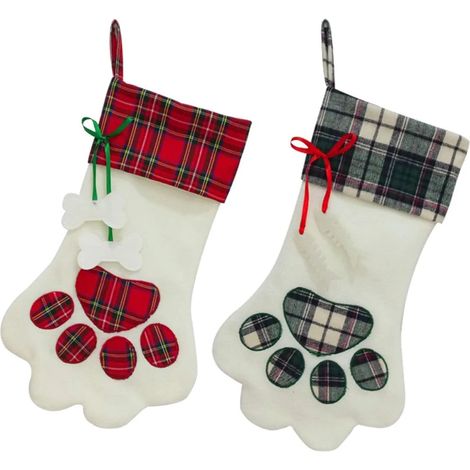 Chaussettes de Noël pour chiens et chats, lot de 2, chaussettes en peluche à carreaux à suspendre, décorations pour Noël et les fêtes. (1/4)