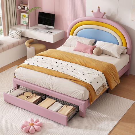 Kinderbett 140x200 cm in Rosa aus PU, verstellbares Kopfteil, Stauraum, ohne Matratze – MEUBLIV (1/5)