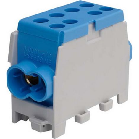 Bornier Répartiteur  Bleu - 130A - Cu ou Alu- 4 trous ( 4x25 mm²  ) montage rail din