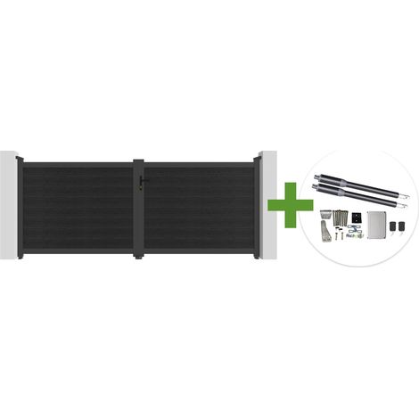 Portail bois composite battant 3,5m ATHOS H.140cm gris anthracite avec cadre aluminium + motorisation RANGER B150 (1/5)