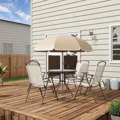 Ensemble Salon de Jardin 6 pcs - Table Ronde + 4 chaises Pliables + Parasol - Acier époxy café textilène Polyester Beige (1/5)