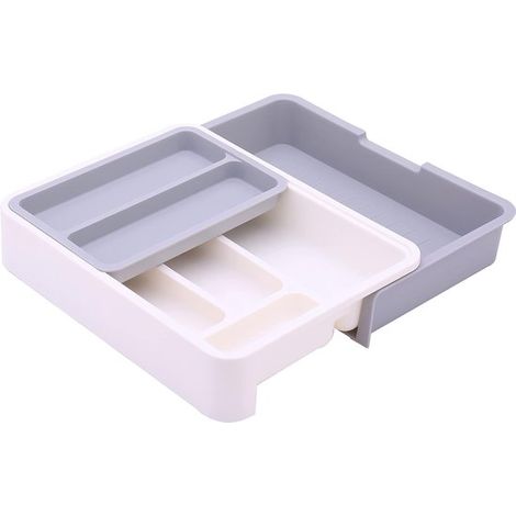 Scatola porta posate con cassetto, porta posate espandibile in plastica, scatola portaoggetti tre in uno, grigia
