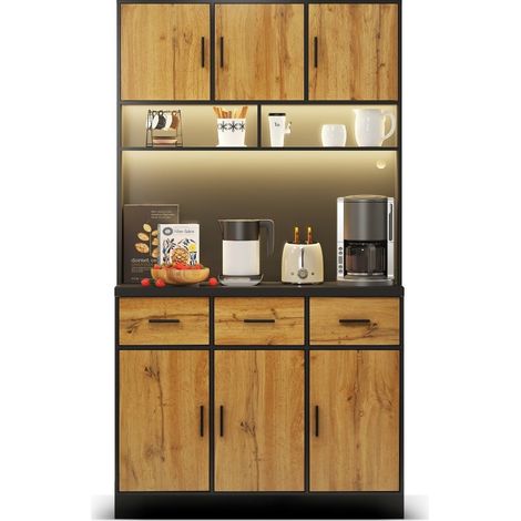 Buffet 100x40x180cm  mit LED-Beleuchtung mit Fernbedienung, Schubladen, verstellbaren Einlegeböden-Couleur naturelle (1/5)