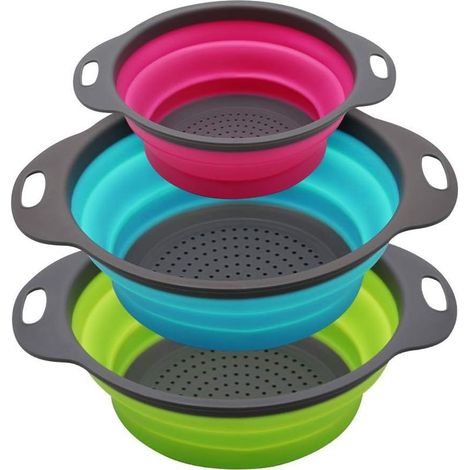 Ensemble de 3 passoires pliables rondes en silicone - 2 pièces de 4 litres et 1 pièce de 2 litres - Parfait pour égoutter les pates, les légumes et les fruits (vert, bleu, violet) (1/4)