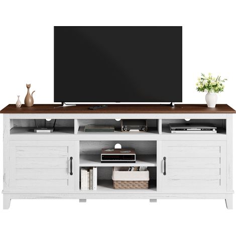 Meuble TV style farmhouse 180 cm (70,9") - Pour TV jusqu’à 75" - MDF, étagères réglables, portes de placard & passe-câbles - Couleur : Marron/Blanc