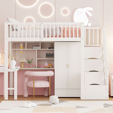 Lit mezzanine 90x200 cm avec armoire, bureau, étagères et escalier de rangement, structure en bois blanc (1/5)