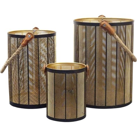 Set 3 lanterne in acciaio con interno dorato e manico in juta Golden Light - DarkGreen (1/4)