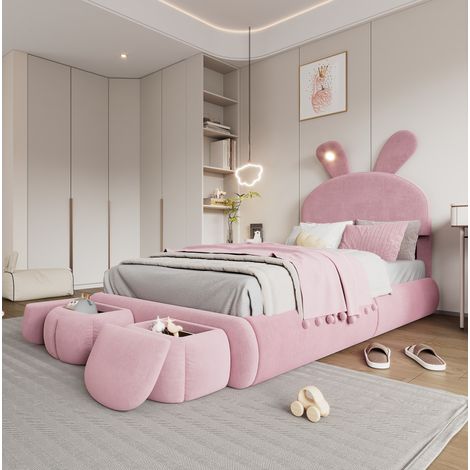 lit enfant simple rangement 90x200 velours rose OKMYHOME (1/5)