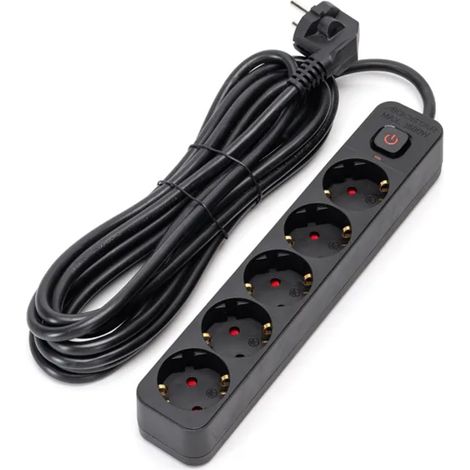 Multiprise 5 Voies avec Interrupteur, Longueur 5 m, 3G, 1,5 mm², Couleur Noire, idéale pour Plusieurs connexions électriques et Usage Domestique.