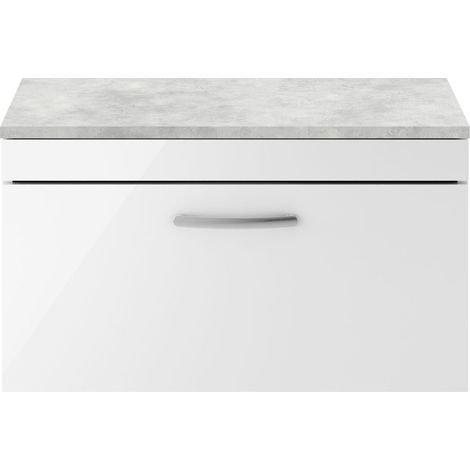 Millwich Contemporary 1 Drawer Wall Hung Vanity Unit with Laminate Black Galaxy Granite Worktop, Gloss White, 800mm