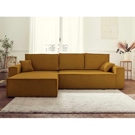 Dellia – ecksofa beidseitig montierbar mit schlaffunktion – mit bettkasten – aus cord – 4-sitzer - gelb