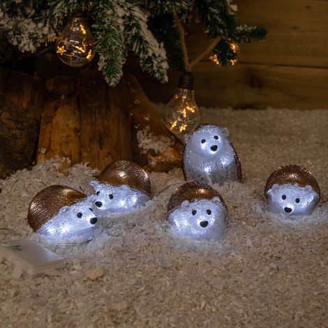 Set of 5 Battery Operated Brown Acrylic Christmas Hedgehogs with Cool White LEDs (1/5)