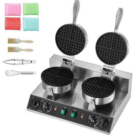 Gaufrier commercial double tête, 2460W, inox antiadhésif, contrôle température et temps, poignée isolée, pour restaurant et boulangerie. (1/5)