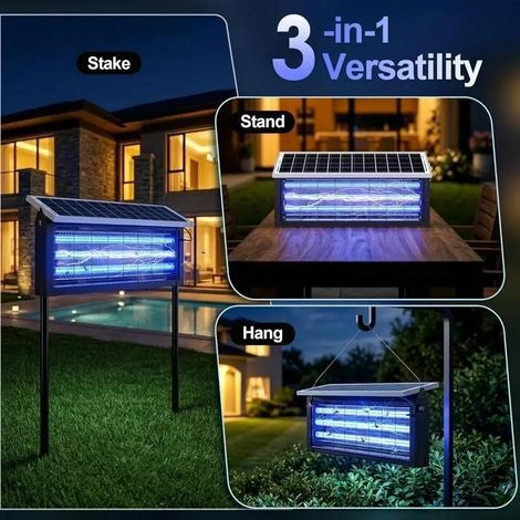 Répulsif anti-moustiques solaire rechargeable pour une utilisation en extérieur, 3000 V, sans fil, étanche, électrique, pour le camping, le jardin et la terrasse. (1/5)
