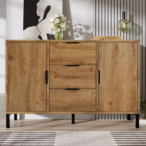 Cassettiera 3 cassetti 2 ante 120x40x76cm ripiano regolabile struttura metallica MDF rovere scuro per soggiorno
