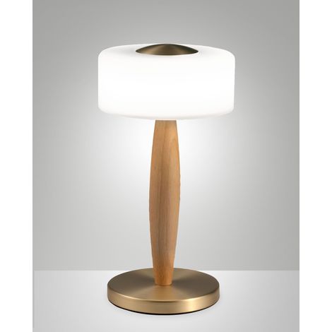 Lampada da tavolo Elea LED 8W 860lm 3000K, Struttura in metallo, legno e vetro soffiato con regolazione luce al tocco, Colore Ottone satinato - Elea