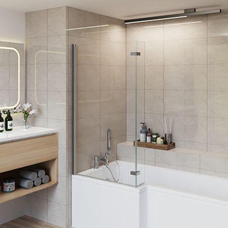 Aquariss 810x1400 L Shape Bath Screen Hinged Return Panel Chrome