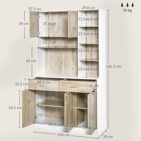 Buffet de cuisine avec portes à tiroirs et compartiments ouverts, 100 cm de large x 39 cm de profondeur x 181,5 cm de haut, blanc et bois. (1/5)