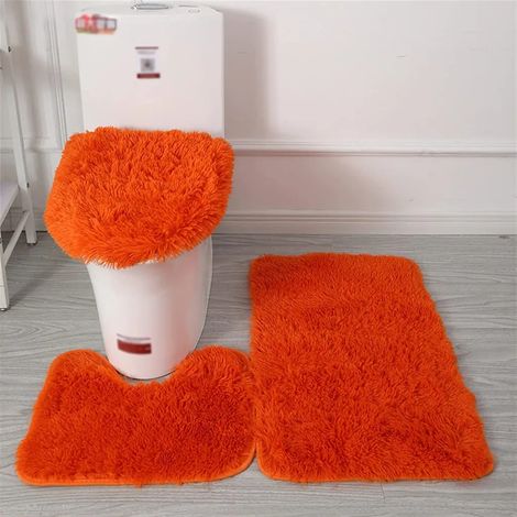 Set de 3 tapis de bain Shaggy antidérapants, moelleux et contour, avec couvre-siège de toilettes, orange, longueur de poils épaisse