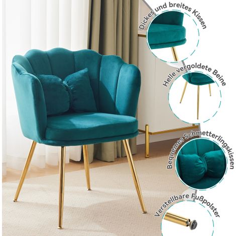 Juego de 6 sillas de comedor, silla de maquillaje con patas doradas y respaldo suave, terciopelo, verde (1/5)