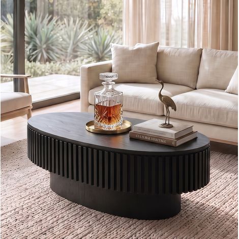 Table basse ovale 98x60x35 cm en MDF avec placage bois noir, avec rangement pour salon FloraGrace (1/5)