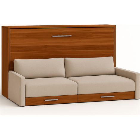 Lit escamotable horizontal avec canapé Vetal 120x200-Canapé Beige-Structure et Façade Noyer (1/5)