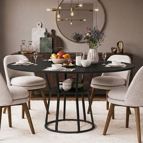 SYEKLAOO–Table ronde en bois 120 cm pour 4-6 personnes, Base en métal noir,avec 1 étagère ouverte pour salle à manger, cuisine, salon, Facile à assem-Noir (1/5)
