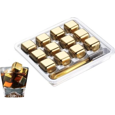 12 cubitos de hielo reutilizables de acero inoxidable - Ideales para whisky, vino, vodka y licores - Piedras de hielo de acero inoxidable dorado (1/5)