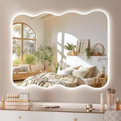 Hasipu Badspiegel mit Beleuchtung 71x50 cm, LED Badezimmerspiegel Wellenform Wandspiegel, Beschlagfrei Bad Spiegel mit Touch-Schalter, 3 Lichtfarben Dimmbar
