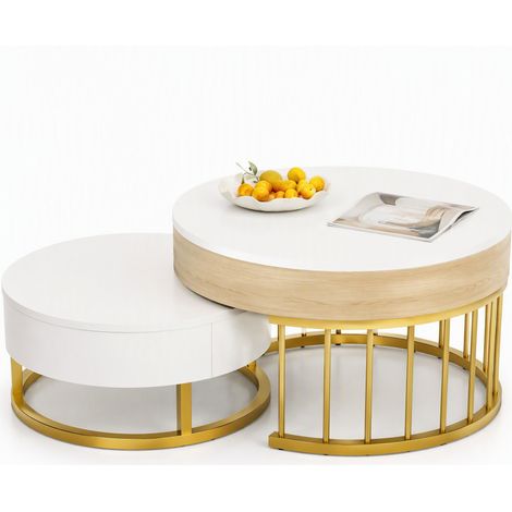 Table basse ronde gigogne relevable avec tiroir, effet bois blanc, piètement métal doré, MDF, pour petit salon multifonction CHICFURN (1/5)