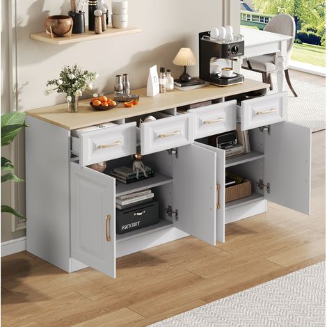 REDOM - Credenza contenitore 140x40x75 cm, 4 cassetti e 4 ante, ripiani regolabili, pannello truciolare bianco e rovere (1/5)