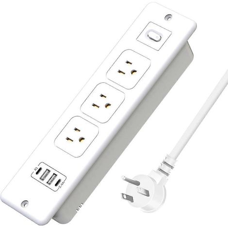 Multiprise intégrée avec 2 ports USB-C et 2 ports USB-A, station de charge discrète adaptée aux meubles de bureau, blanche. (1/5)