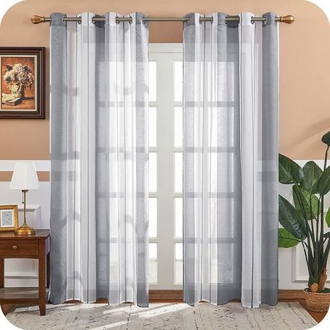 2 Pièces de Rideaux Voilage Blanc et Gris 140x225 cm Fils Teints Rayé à Oeillets Rideau Tamisant Grande Hauteur Élégant pour (1/4)
