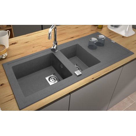 Carea Cuisine & Bain – Évier à encastrer 2 bacs réversible – Carealith® résistant aux chocs et à la chaleur – Dimensions 117x50x18 cm – Livré avec accessoires