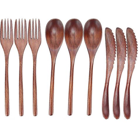 Ensemble de vaisselle en bois (fourchette, cuillère et couteau) comprenant 3 couverts pour la maison, les cafés et les restaurants en Europe (1/5)
