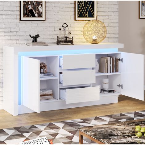 Buffet 140x35x72 cm blanc en panneaux de particules avec 3 tiroirs, 2 portes, étagères réglables et LED (1/5)
