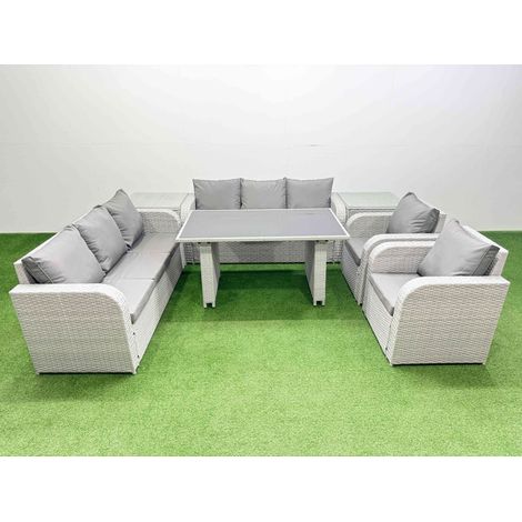 Fimous 8 Seater Wicker PE Rattan Furniture Outdoor Dining Table 3 Seater Sofa Reclining Chair Set with 2 Side Tables Light Grey (1/4)