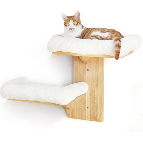 Étagères Murales pour Chat, 2 Plateformes, Meuble Mural Flottant en Forme d'arbre avec Lit Doux, Perchoir en Bois d'Hévéa Massif pour Cloison Sèche de 40,6 cm (1/5)