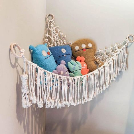 Filet de rangement pour peluches, hamac pour jouets, rangement discret pour peluches, sac de rangement pour jouets en corde de coton tissée à la main Dksfjkl (1/5)