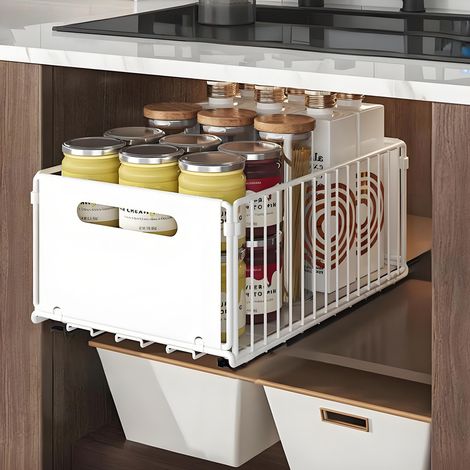 Étagère de rangement sous évier, [Marque], Grand modèle blanc, tiroirs coulissants en fer anti-rouille pour cuisine et salle de bain, installation sans outil (1/5)