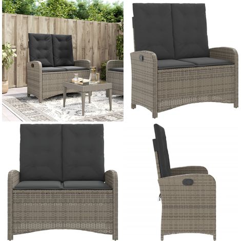 Banc inclinable de jardin avec coussins gris résine tressée - Banc de jardin gris - Banc de jardin avec coussins (1/5)